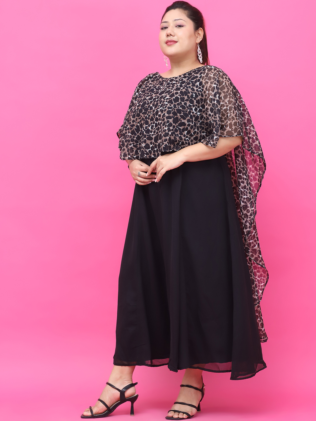 Women's Plus Size Black Solid Color Dress with attached Animal Printed Cape
