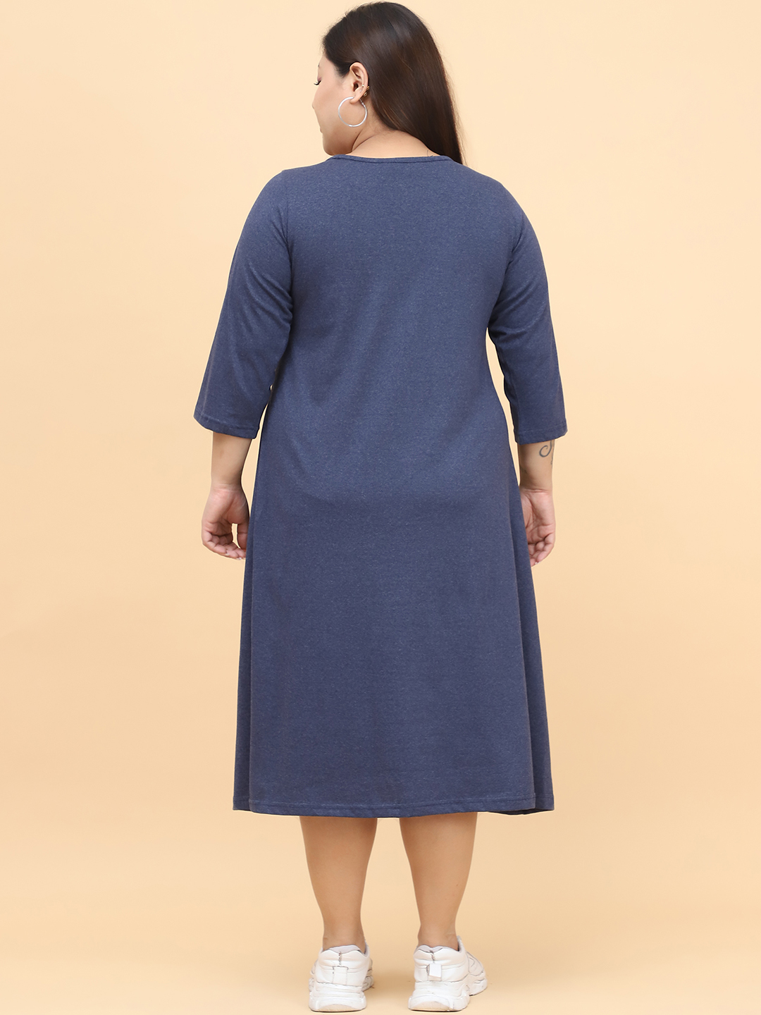 Women's Plus Size Melange Blue Solid Color Cotton Knitted Dress