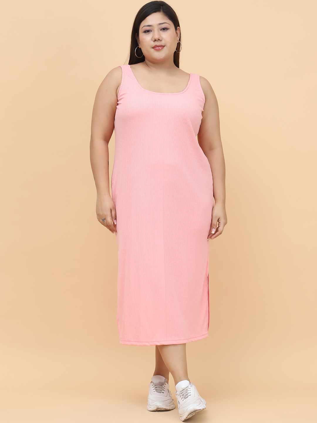 Women's Plus Size Pink solid color cotton rib dress