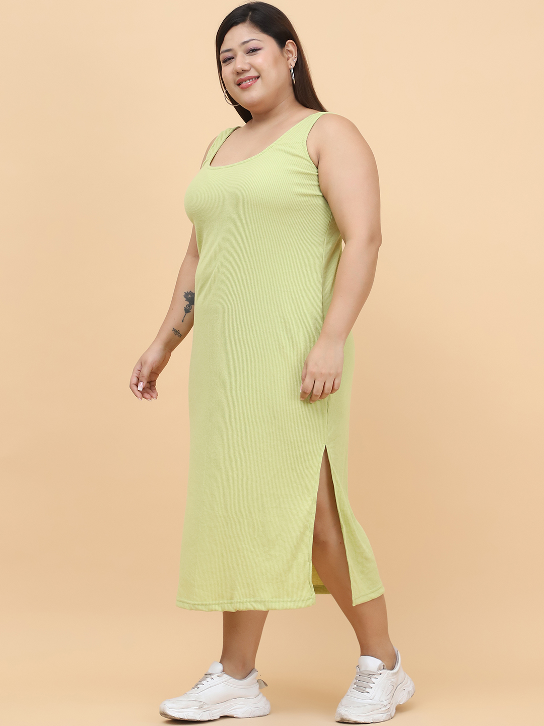 Women's Plus Size Green solid color cotton rib dress