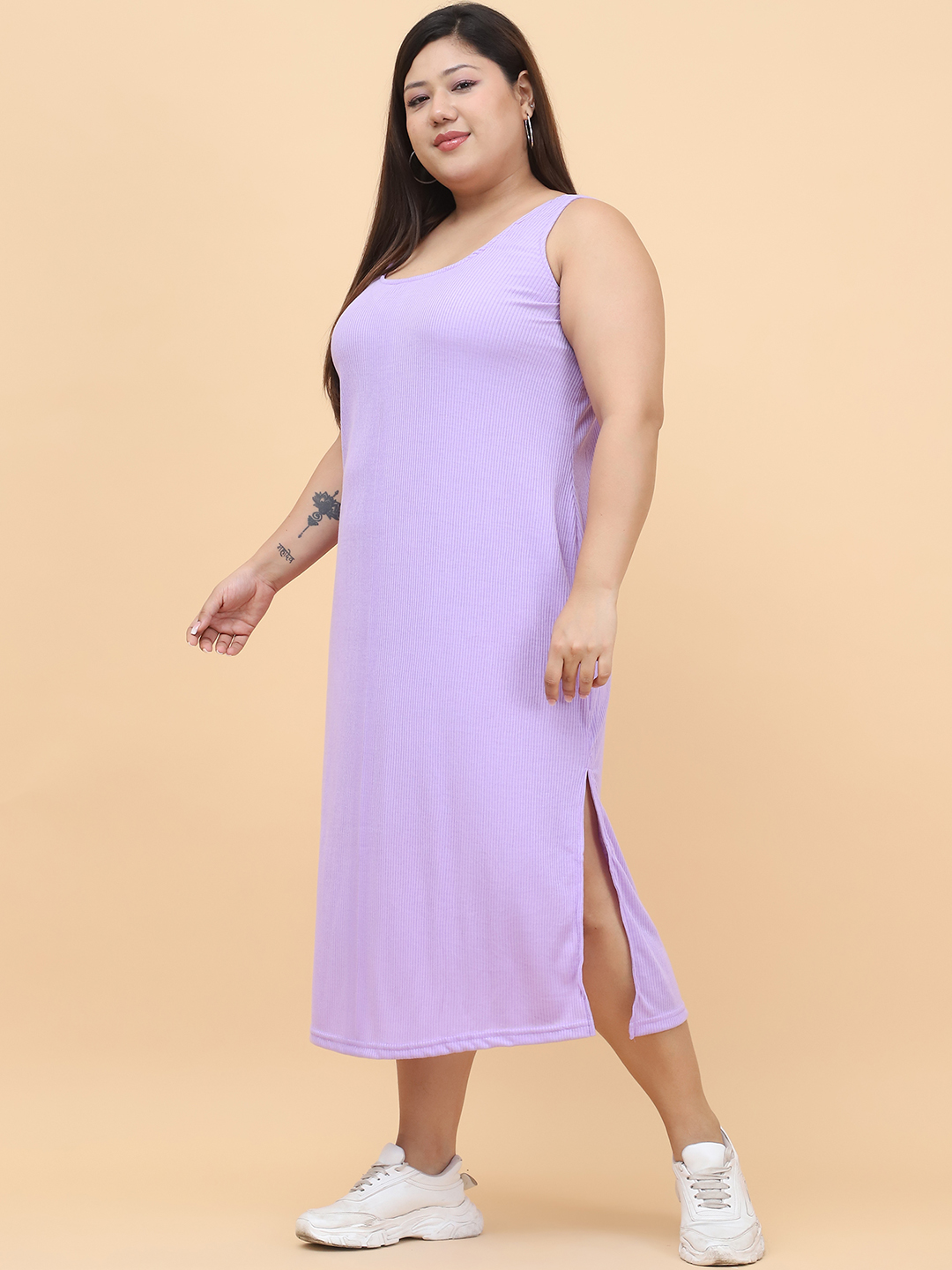 Women's Plus Size Lilac solid color cotton rib dress