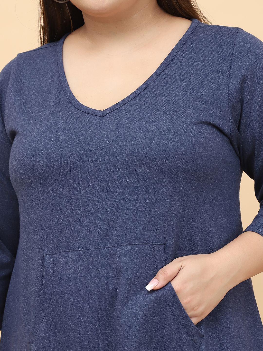 Women's Plus Size Melange Blue Solid Color Cotton Knitted Dress