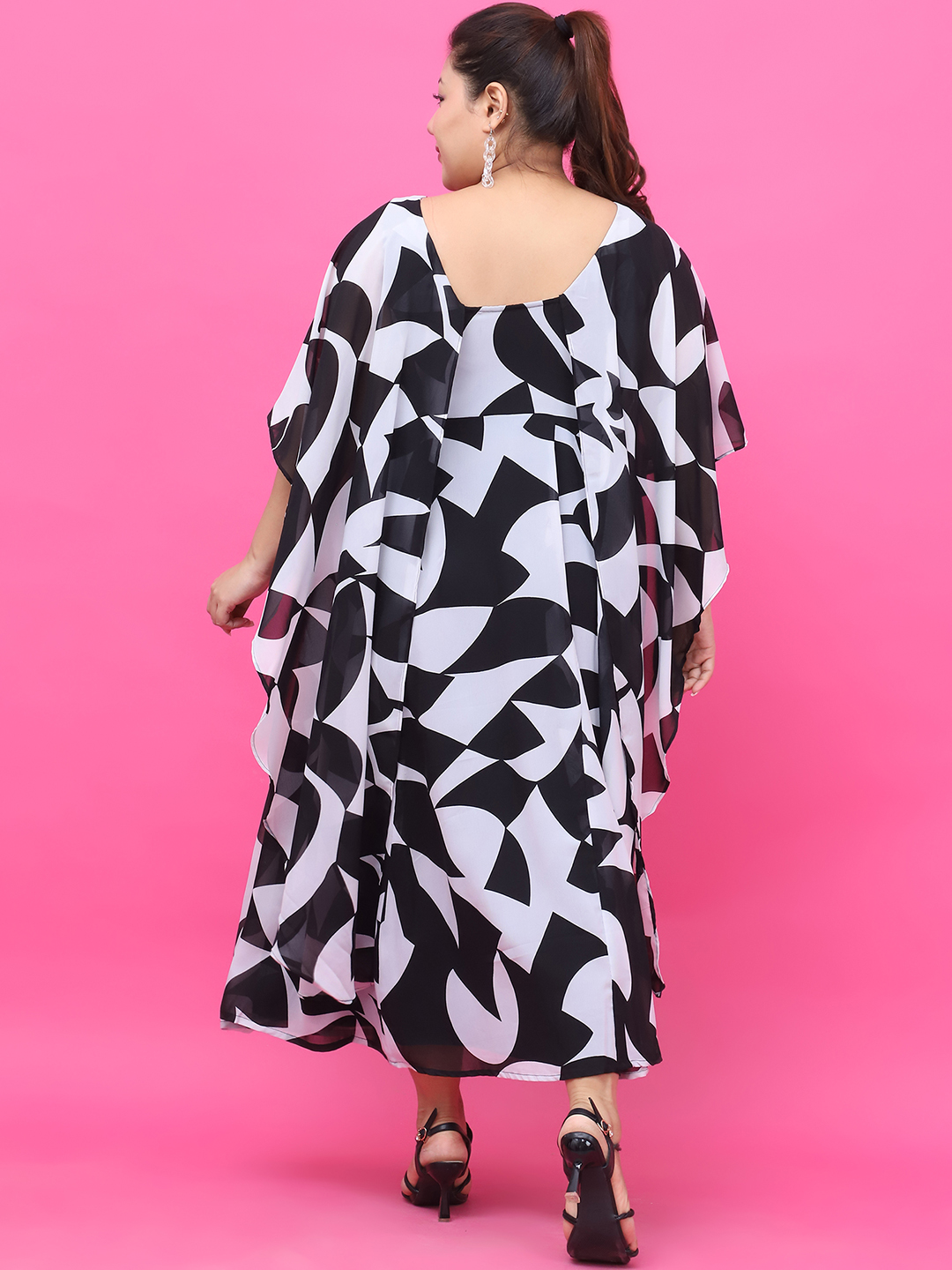 Women's Plus Size Black & White Floral Printed Dress with attached printed Cape