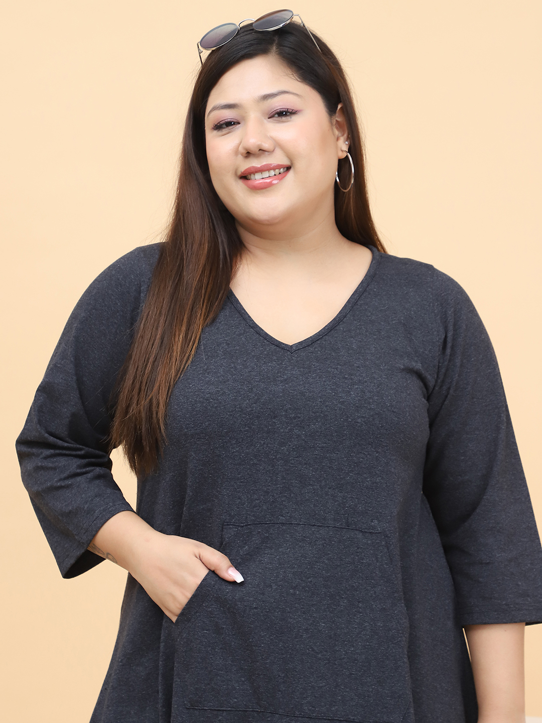 Women's Plus Size Charcoal Grey Solid Color Cotton Knitted Dress