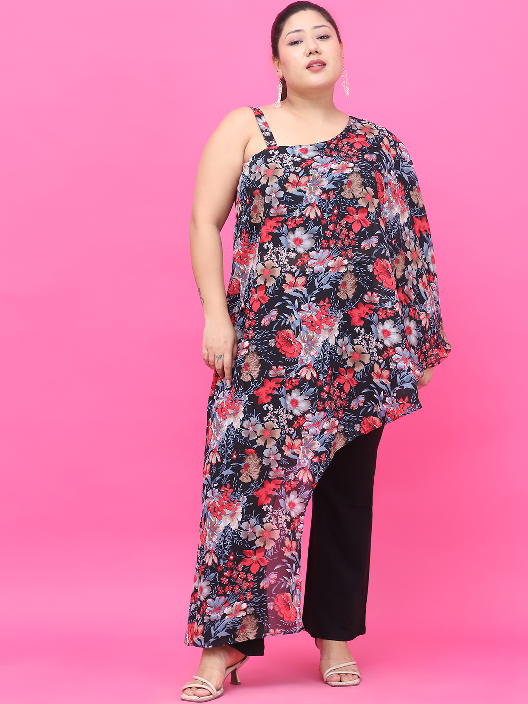 Women's Plus Size Black Red Rose Floral Printed Georgette Top