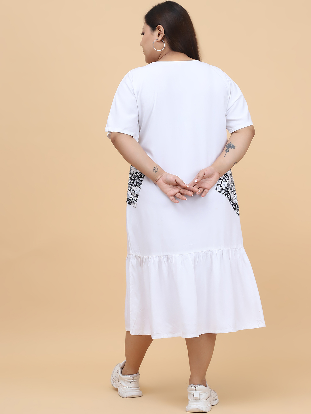 Women's Plus Size White solid color Woven A-Line Dress