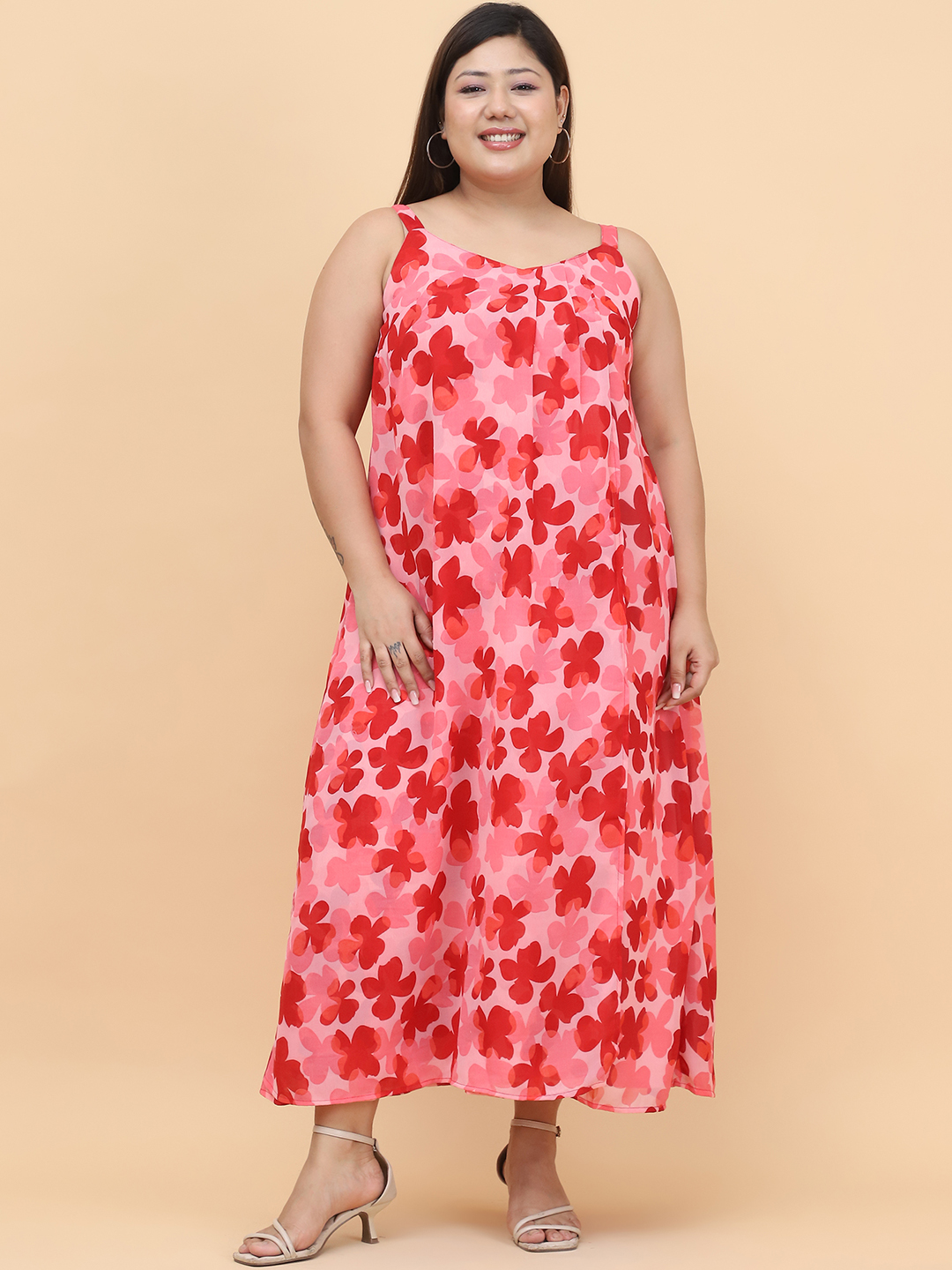 Women's Plus Size Pink & Maroon Floral Printed A-Line Midi Dress
