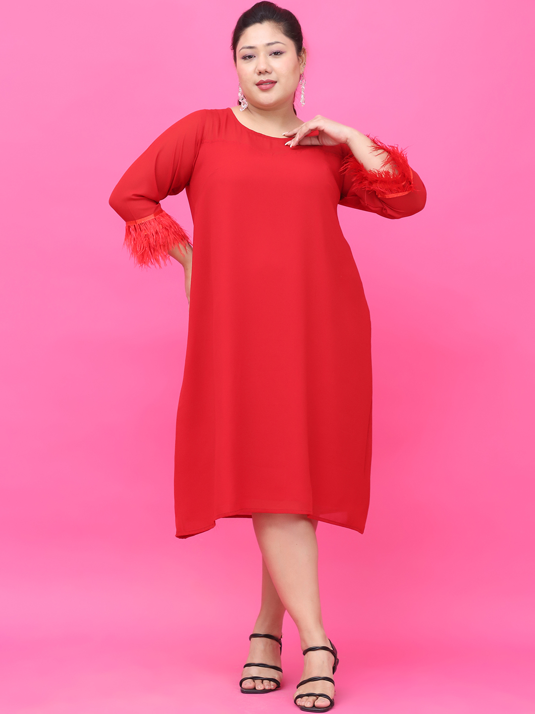 Women's Plus Size Red Solid Color Georgette Dress with attached crepe Lining