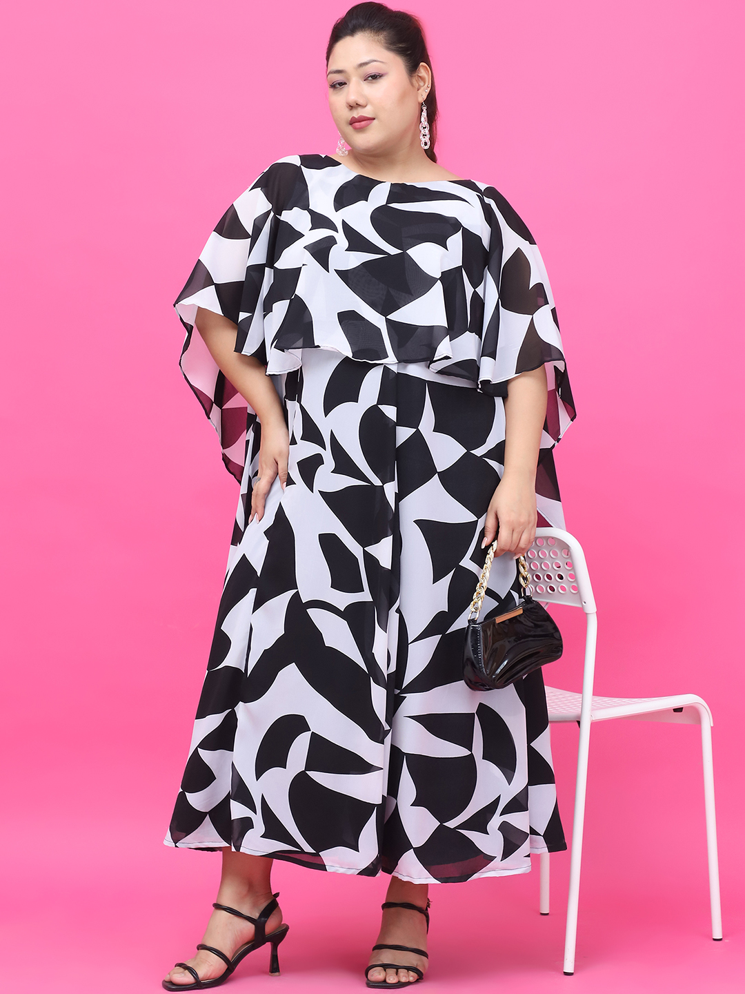 Women's Plus Size Black & White Floral Printed Dress with attached printed Cape