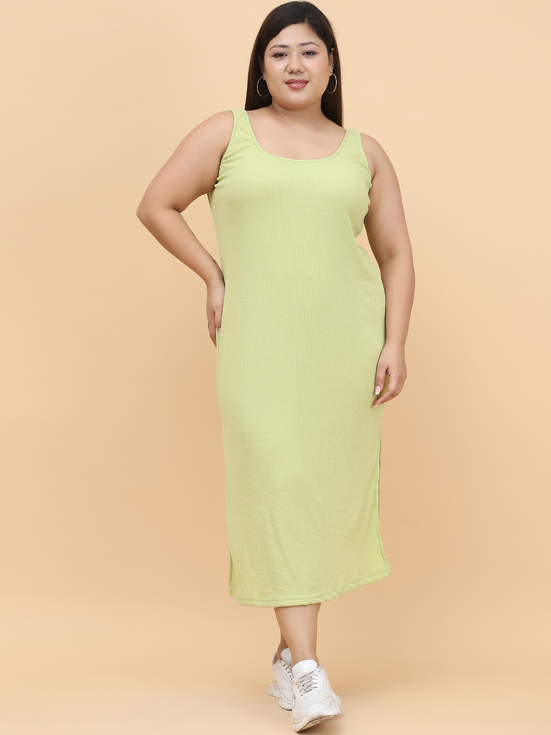 Women's Plus Size Green solid color cotton rib dress