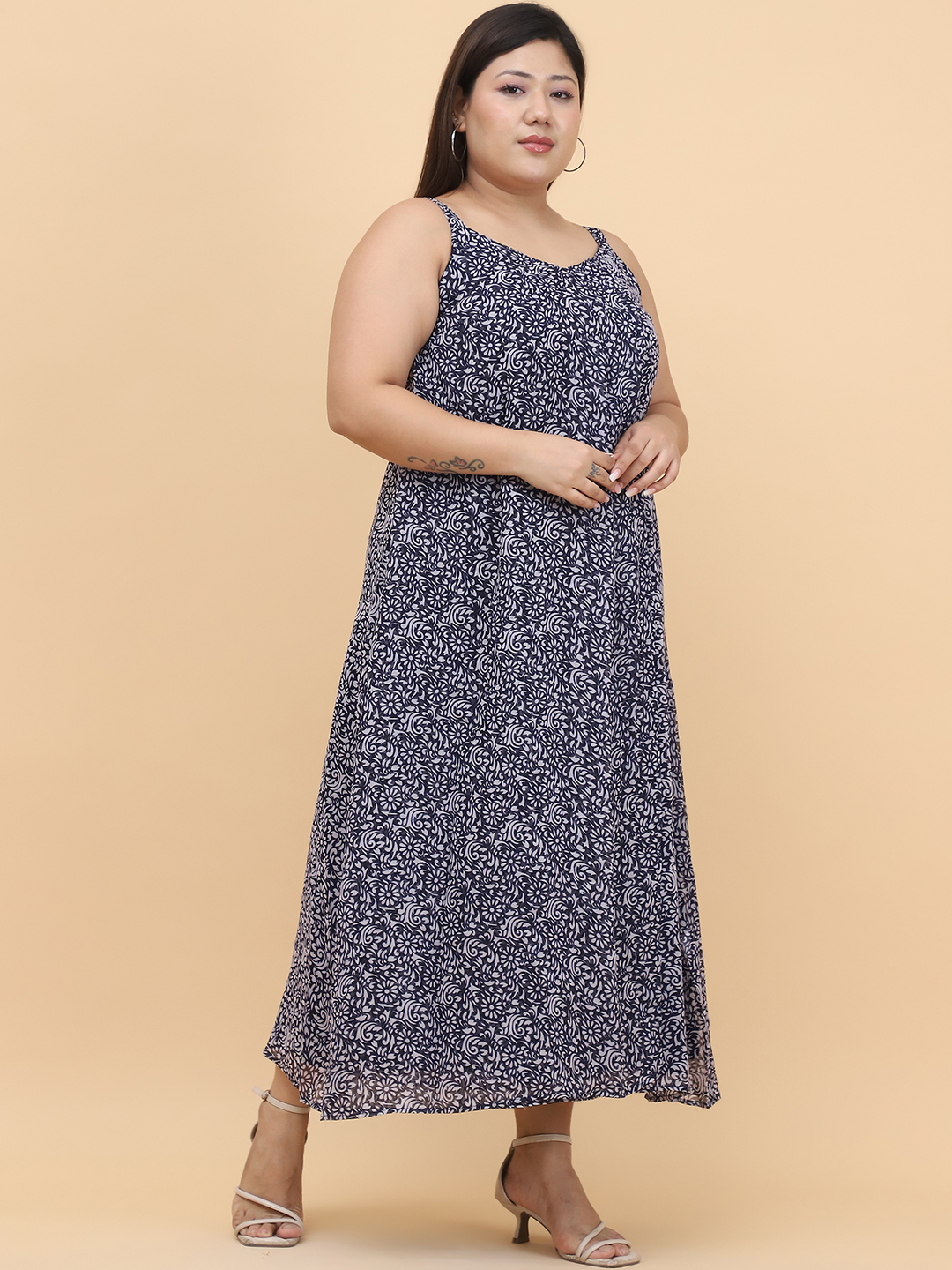 Women's Plus Size Navy Blue Floral Printed A-Line Midi Dress