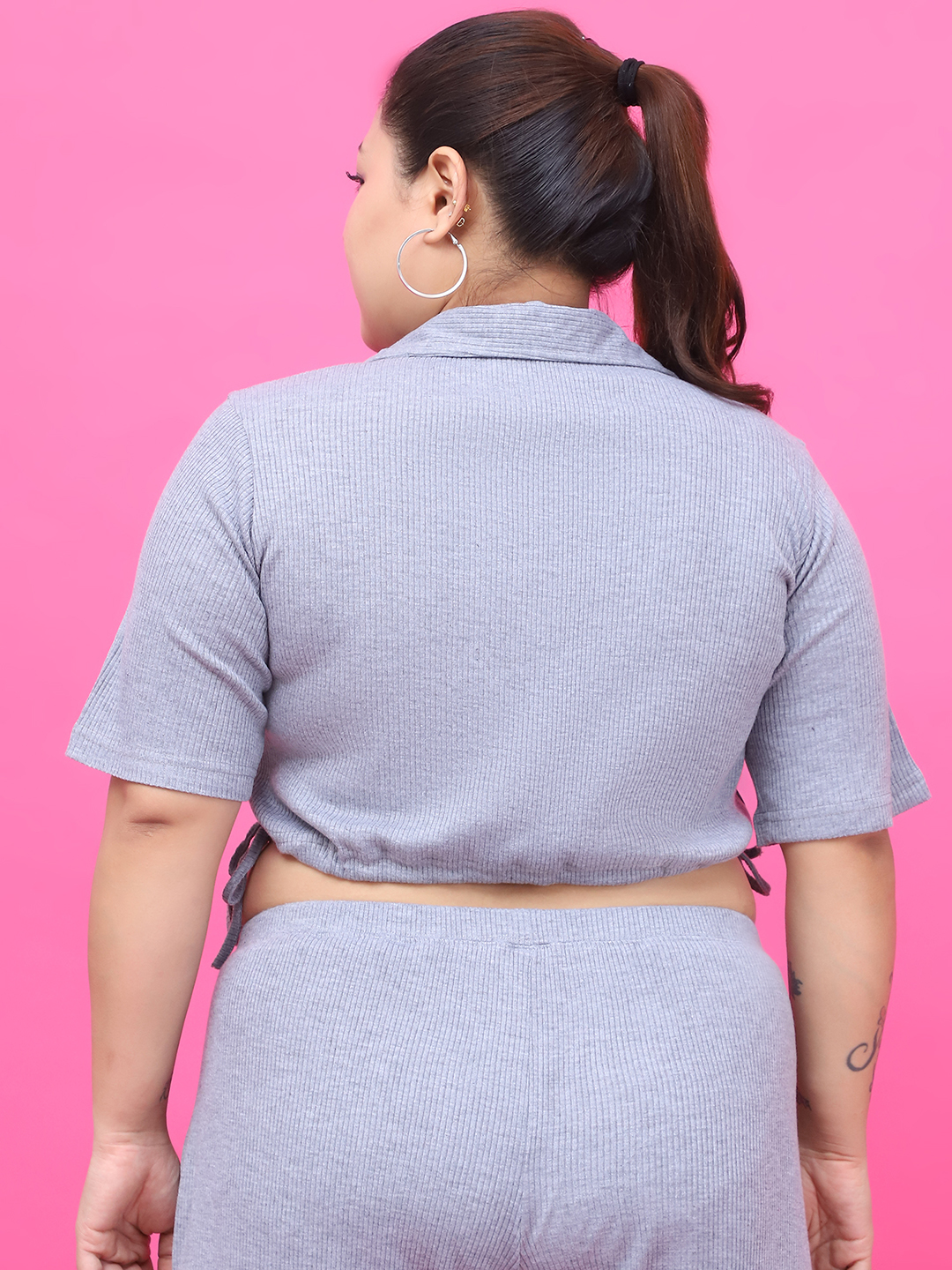 Women's Plus Size Grey Solid Color Cotton Knitted Rib Crop Top