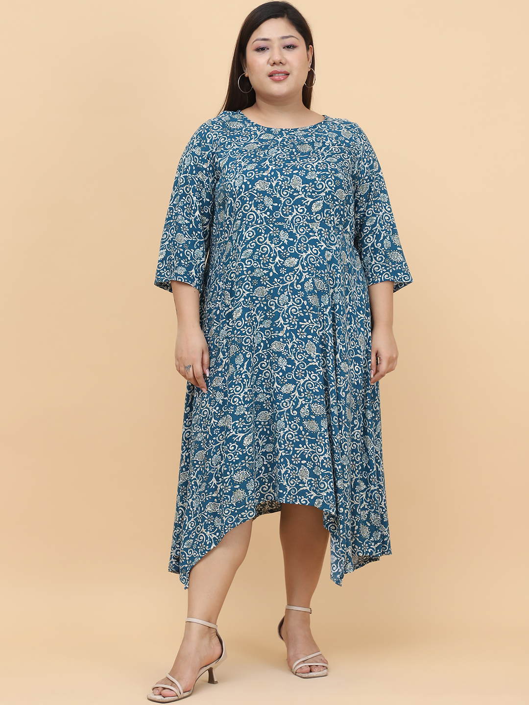 Women's Plus Size Teal Batik Printed A-Line Midi Dress