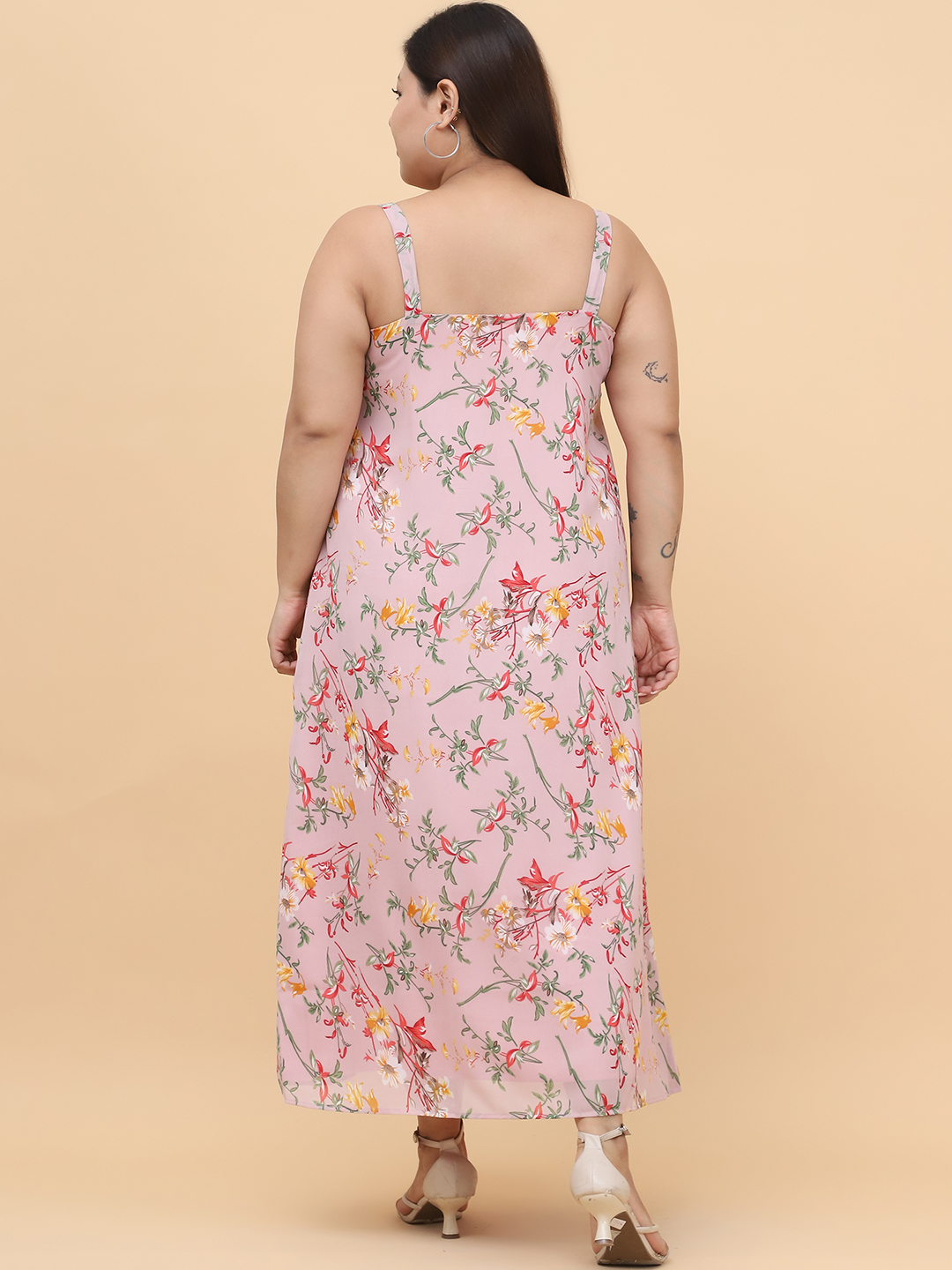Women's Plus Size Pink Floral Printed A-Line Midi Dress