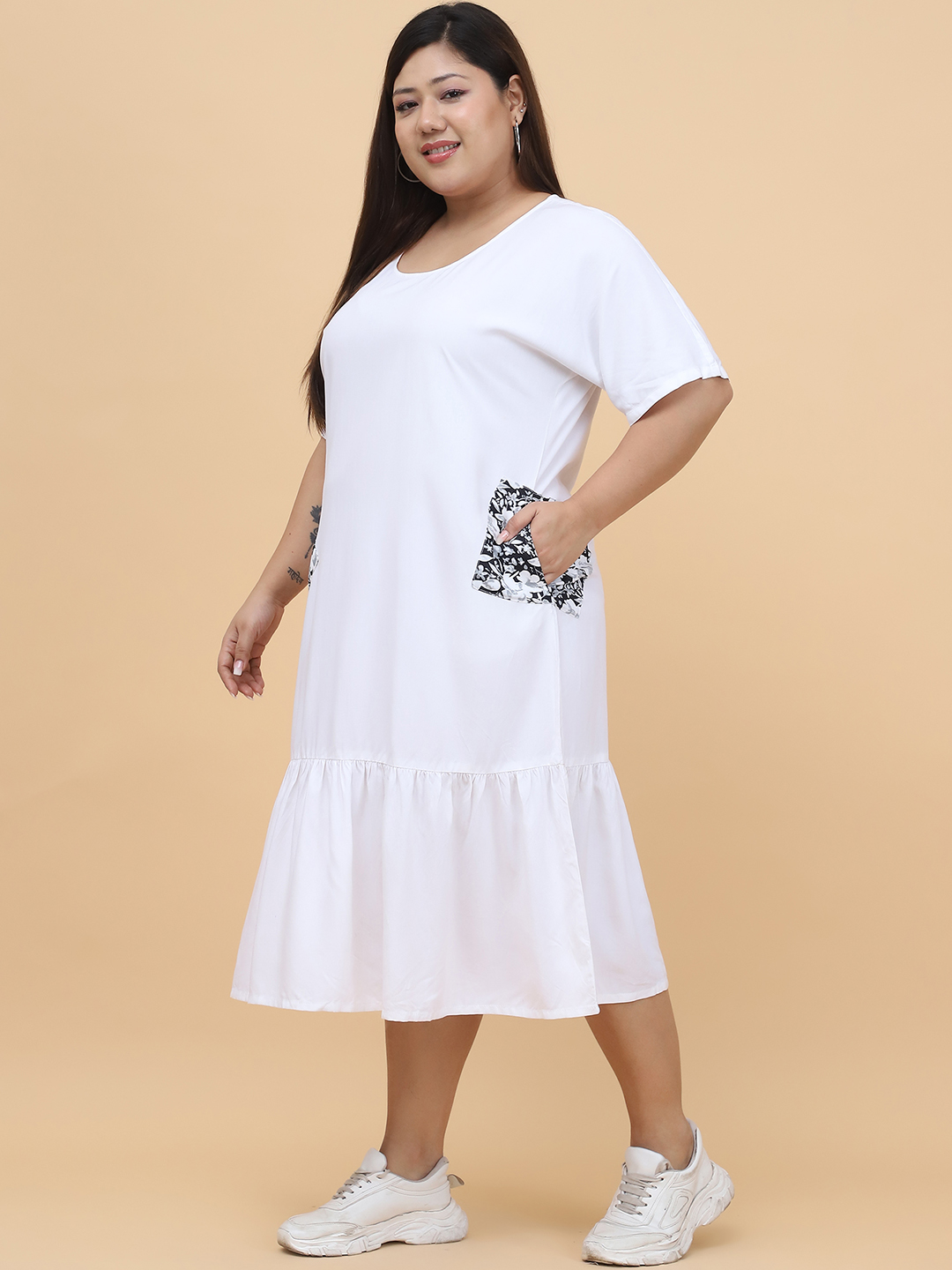 Women's Plus Size White solid color Woven A-Line Dress