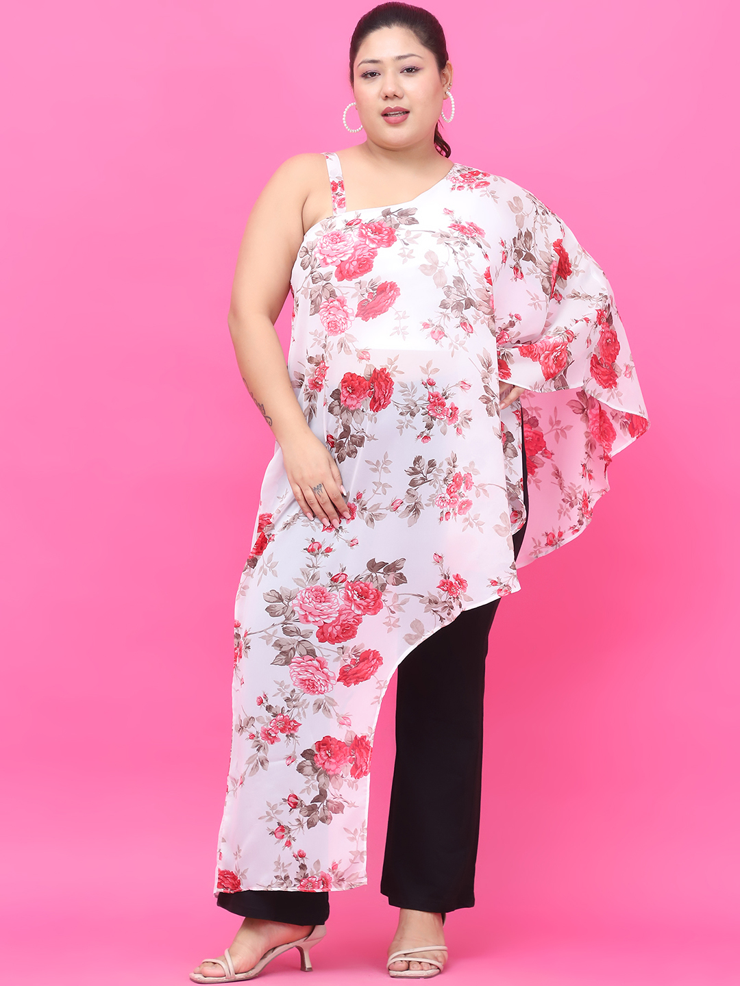 Women's Plus Size White Red Rose Floral Printed Georgette Top