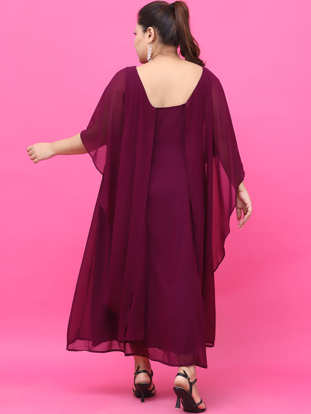 Women's Plus Size Plum Solid Color Dress with attached solid color Cape