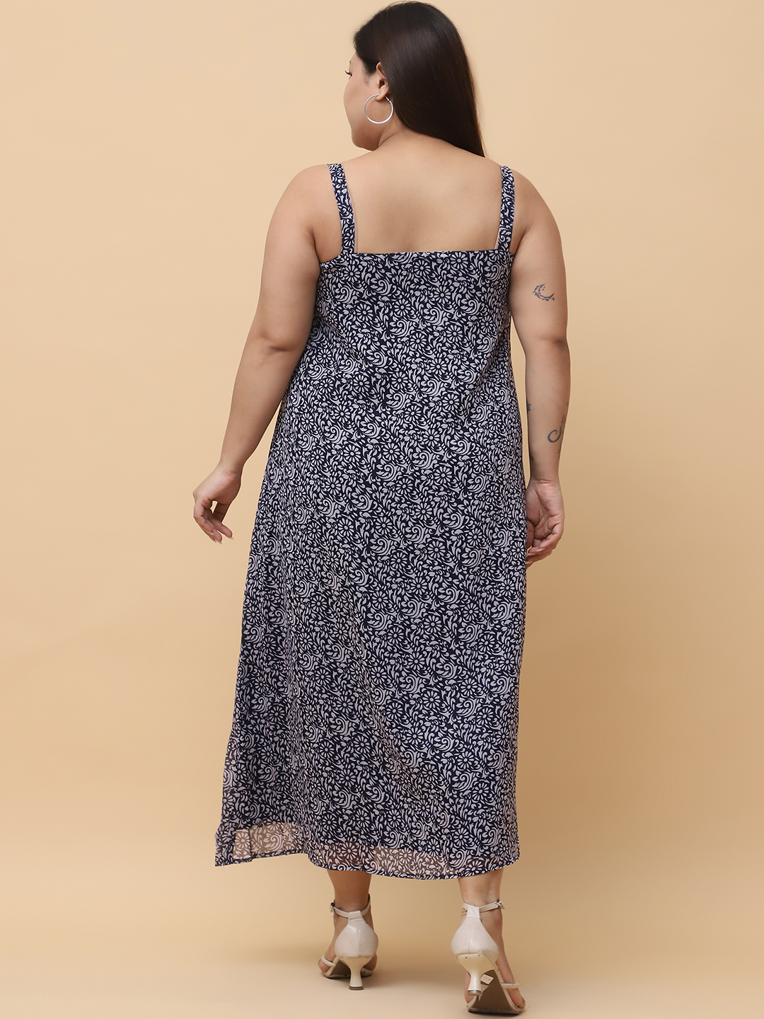 Women's Plus Size Navy Blue Floral Printed A-Line Midi Dress