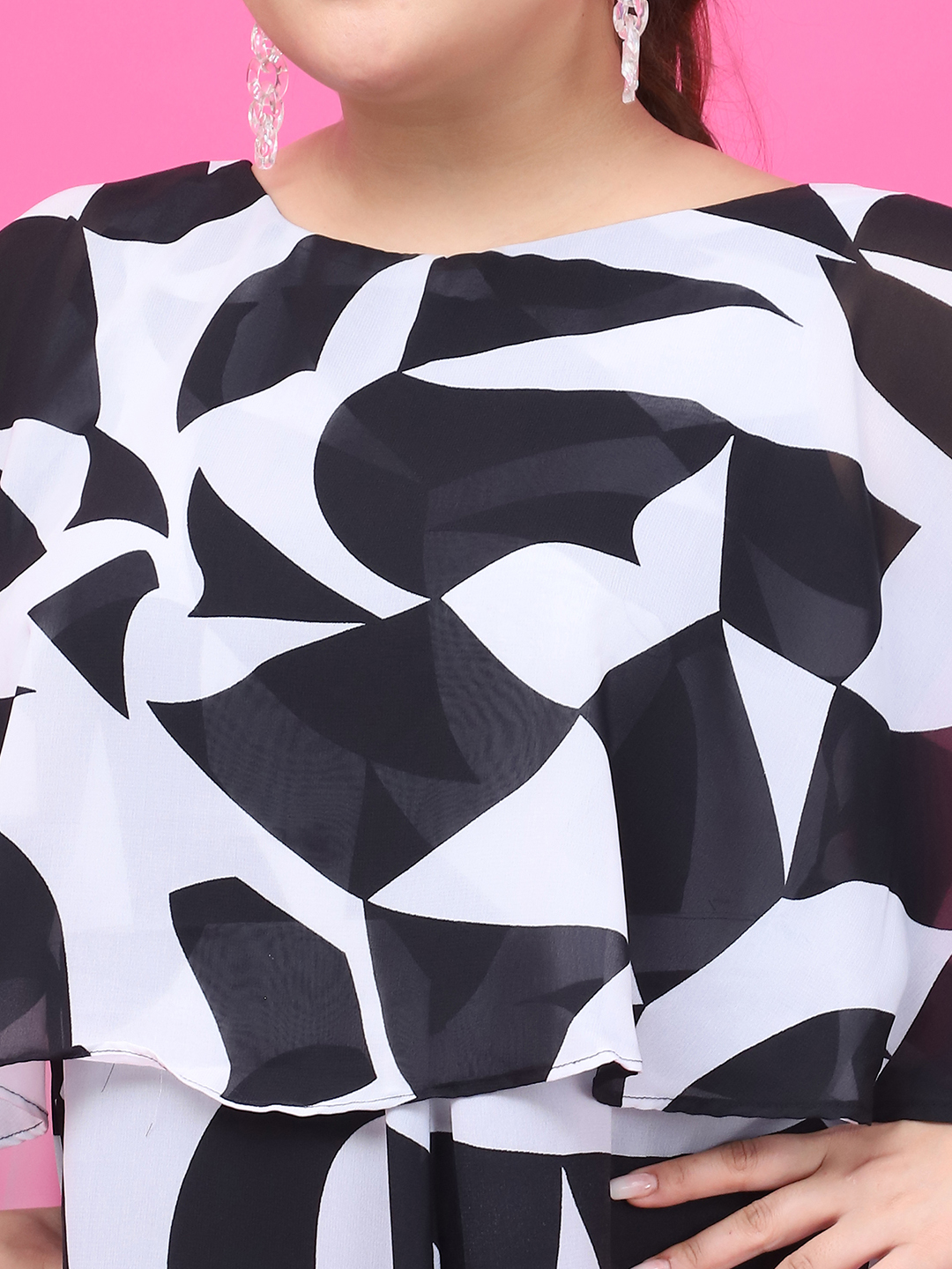 Women's Plus Size Black & White Floral Printed Dress with attached printed Cape