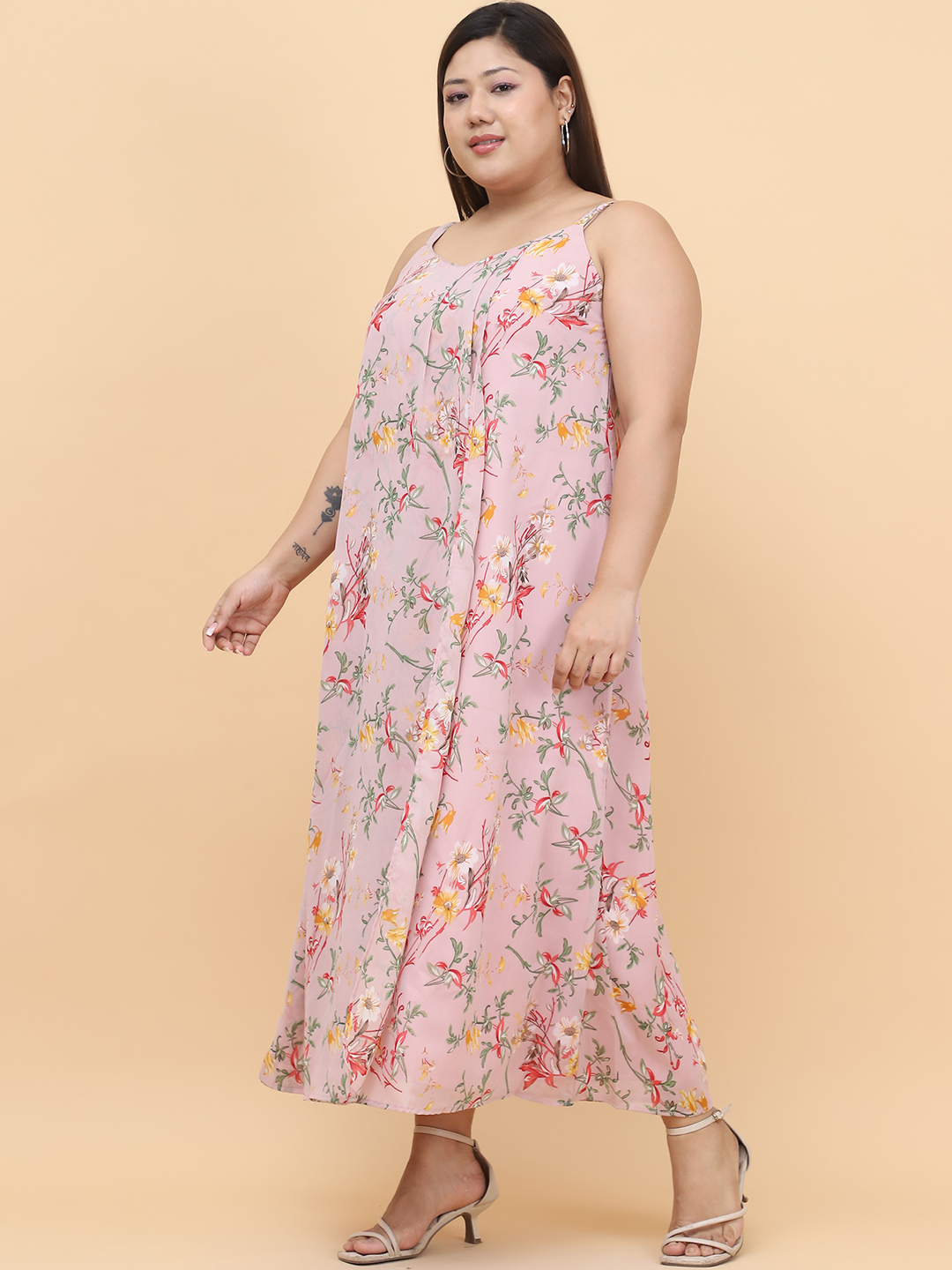 Women's Plus Size Pink Floral Printed A-Line Midi Dress