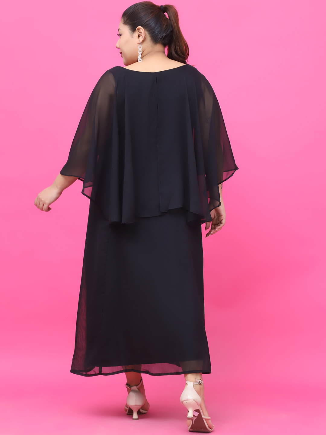 Women's Plus Size Black Solid Color Maxi Dress With Attached solid color Cape