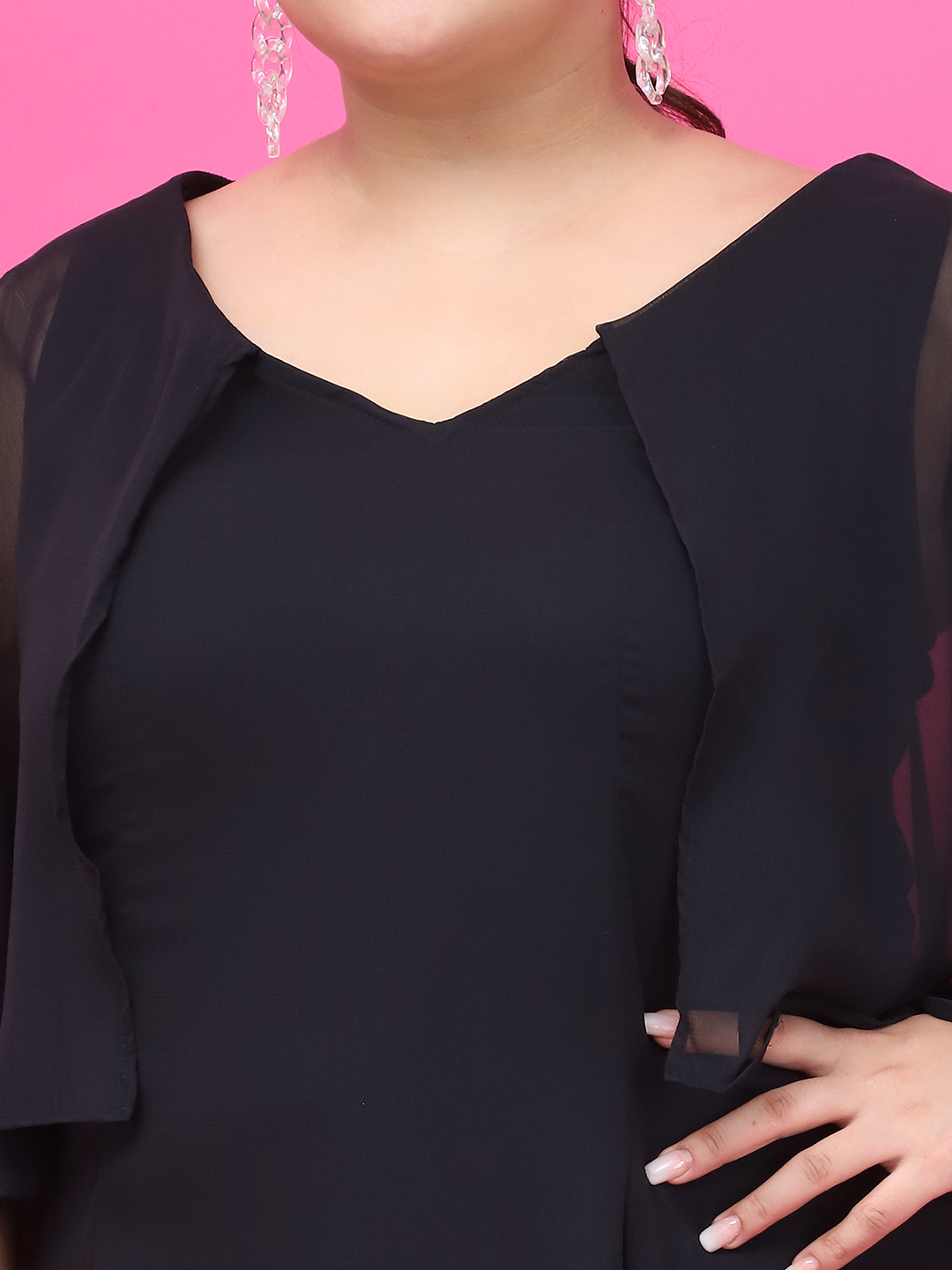 Women's Plus Size Black Solid Color Maxi Dress With Attached solid color Cape