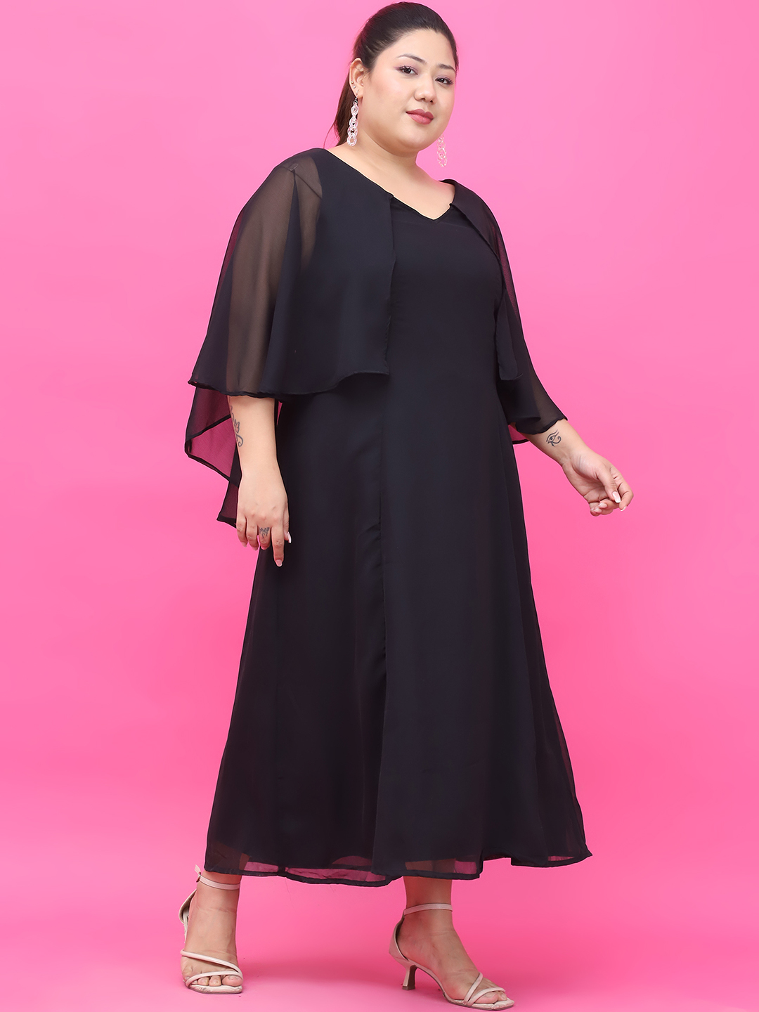 Women's Plus Size Black Solid Color Maxi Dress With Attached solid color Cape