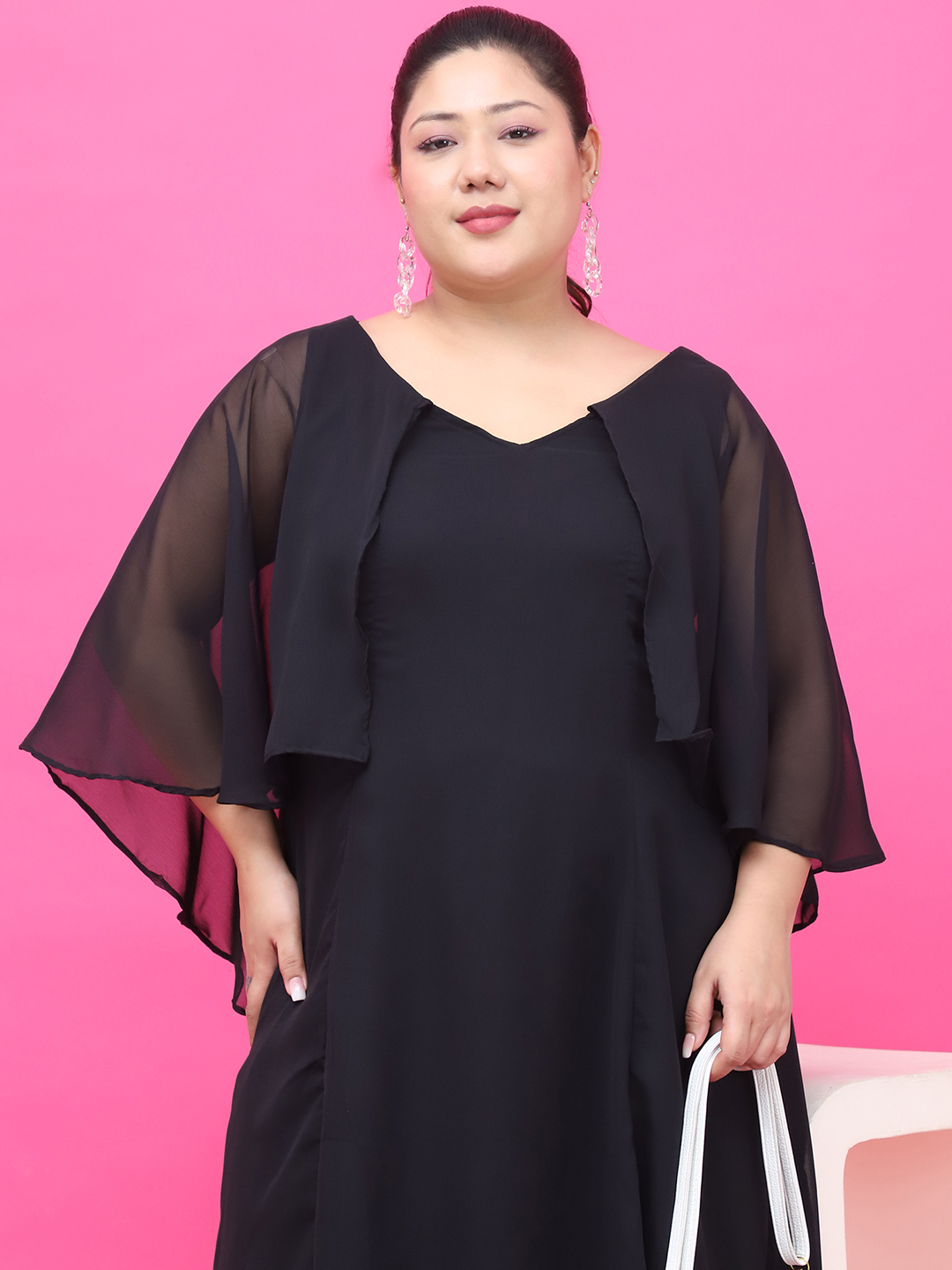 Women's Plus Size Black Solid Color Maxi Dress With Attached solid color Cape