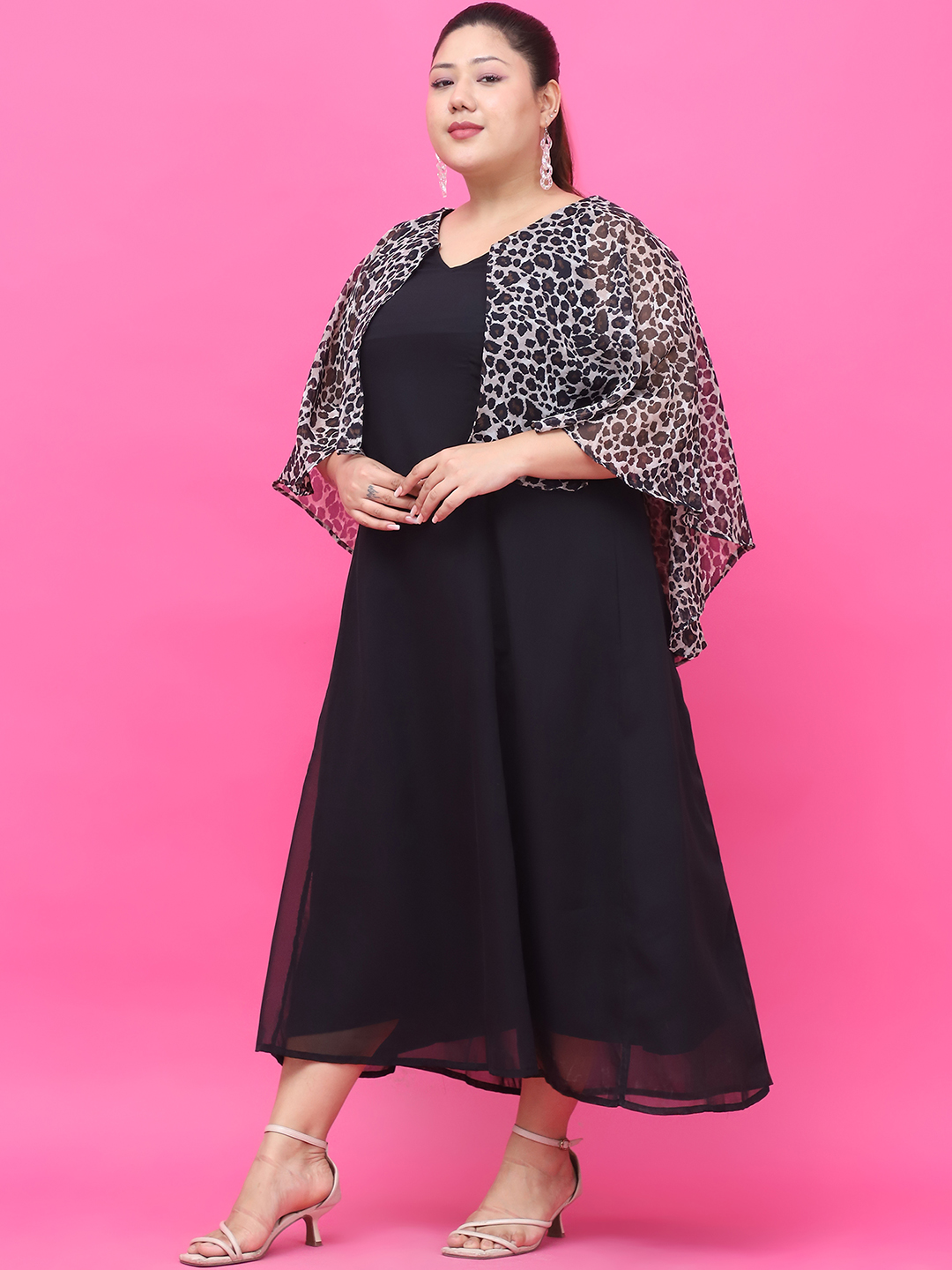 Women's Plus Size Black Solid Color Maxi Dress With Attached Animal Printed Cape