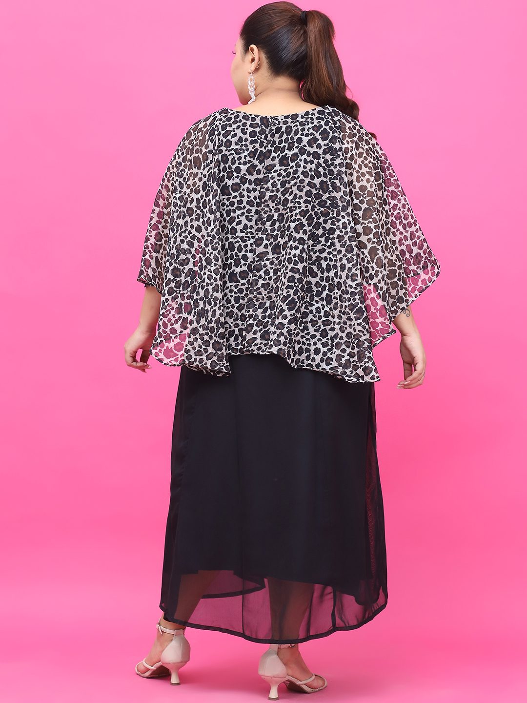 Women's Plus Size Black Solid Color Maxi Dress With Attached Animal Printed Cape