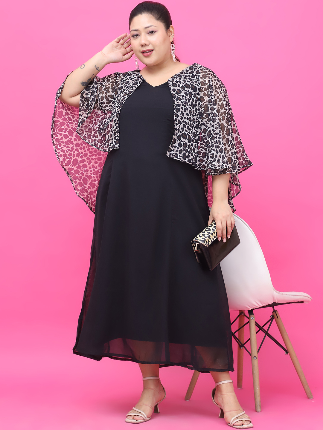 Women's Plus Size Black Solid Color Maxi Dress With Attached Animal Printed Cape