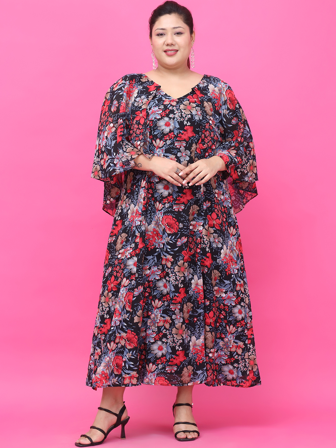 Women's Plus Size Black Red Rose Floral Printed Maxi Dress With Attached Printed Cape