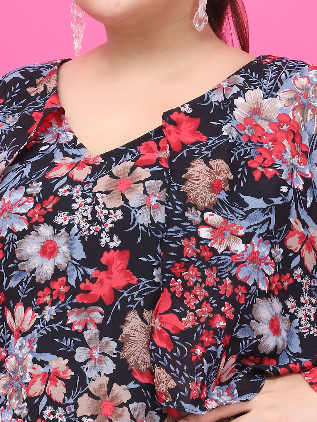 Women's Plus Size Black Red Rose Floral Printed Maxi Dress With Attached Printed Cape