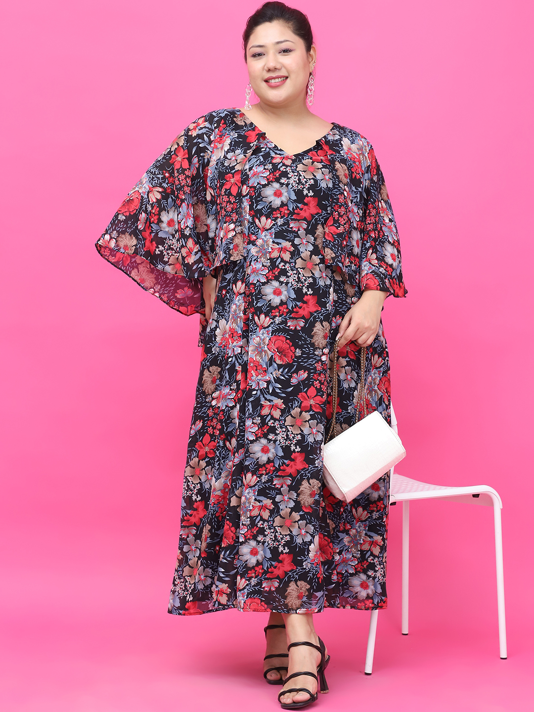Women's Plus Size Black Red Rose Floral Printed Maxi Dress With Attached Printed Cape