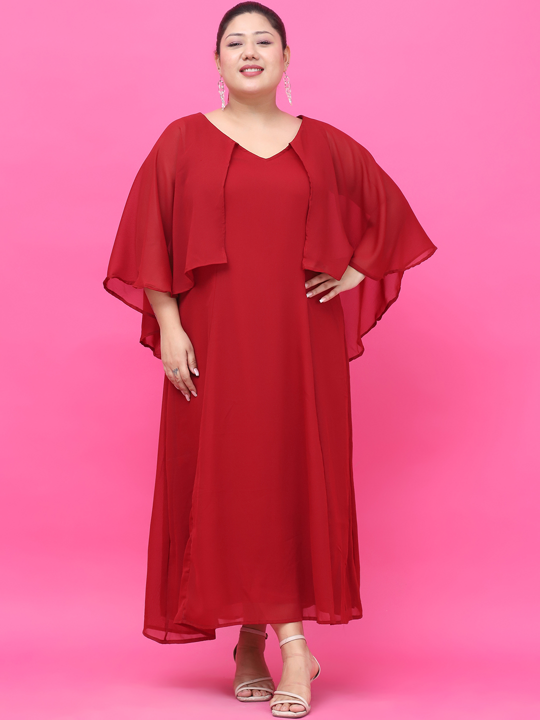 Women's Plus Size Maroon Solid Color Maxi Dress With Attached solid color Cape