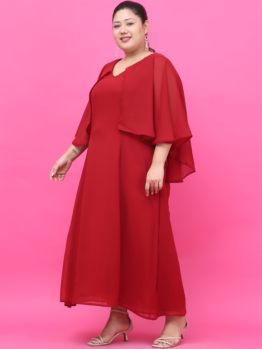Women's Plus Size Maroon Solid Color Maxi Dress With Attached solid color Cape