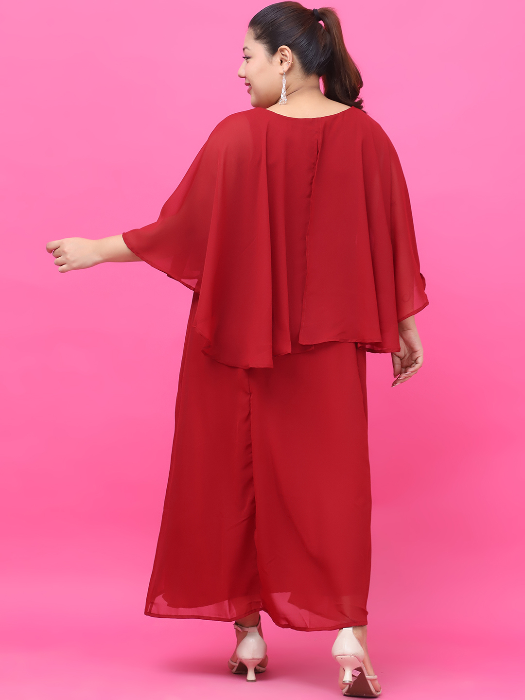 Women's Plus Size Maroon Solid Color Maxi Dress With Attached solid color Cape