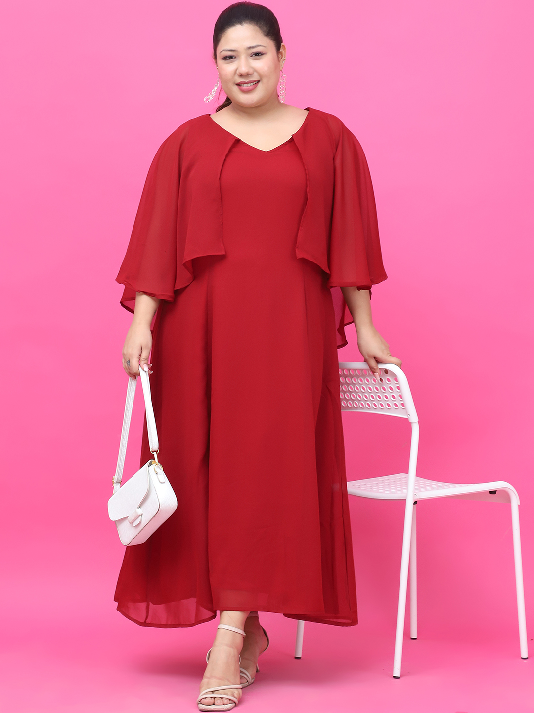 Women's Plus Size Maroon Solid Color Maxi Dress With Attached solid color Cape
