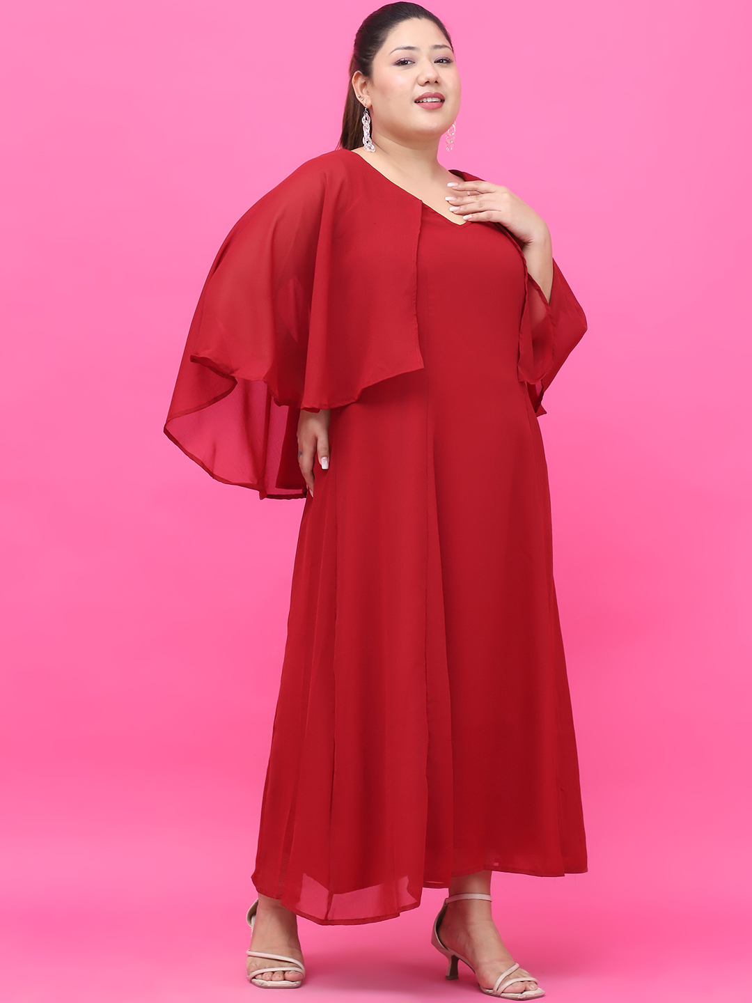 Women's Plus Size Maroon Solid Color Maxi Dress With Attached solid color Cape