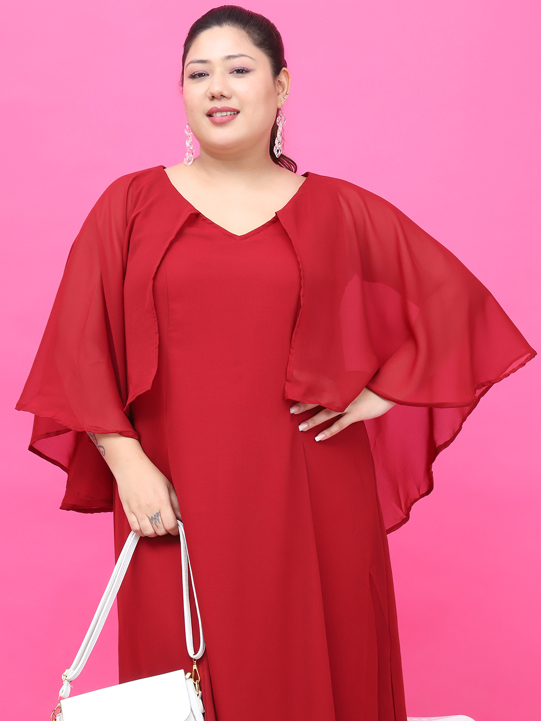 Women's Plus Size Maroon Solid Color Maxi Dress With Attached solid color Cape