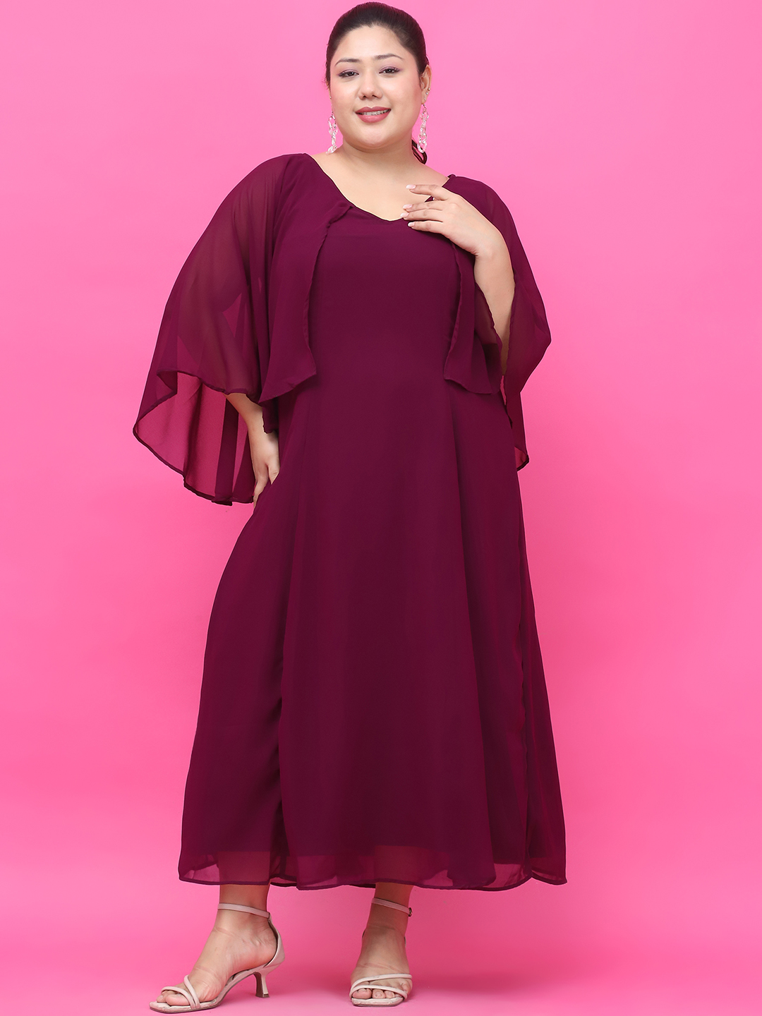 Women's Plus Size Plum Solid Color Maxi Dress With Attached solid color Cape