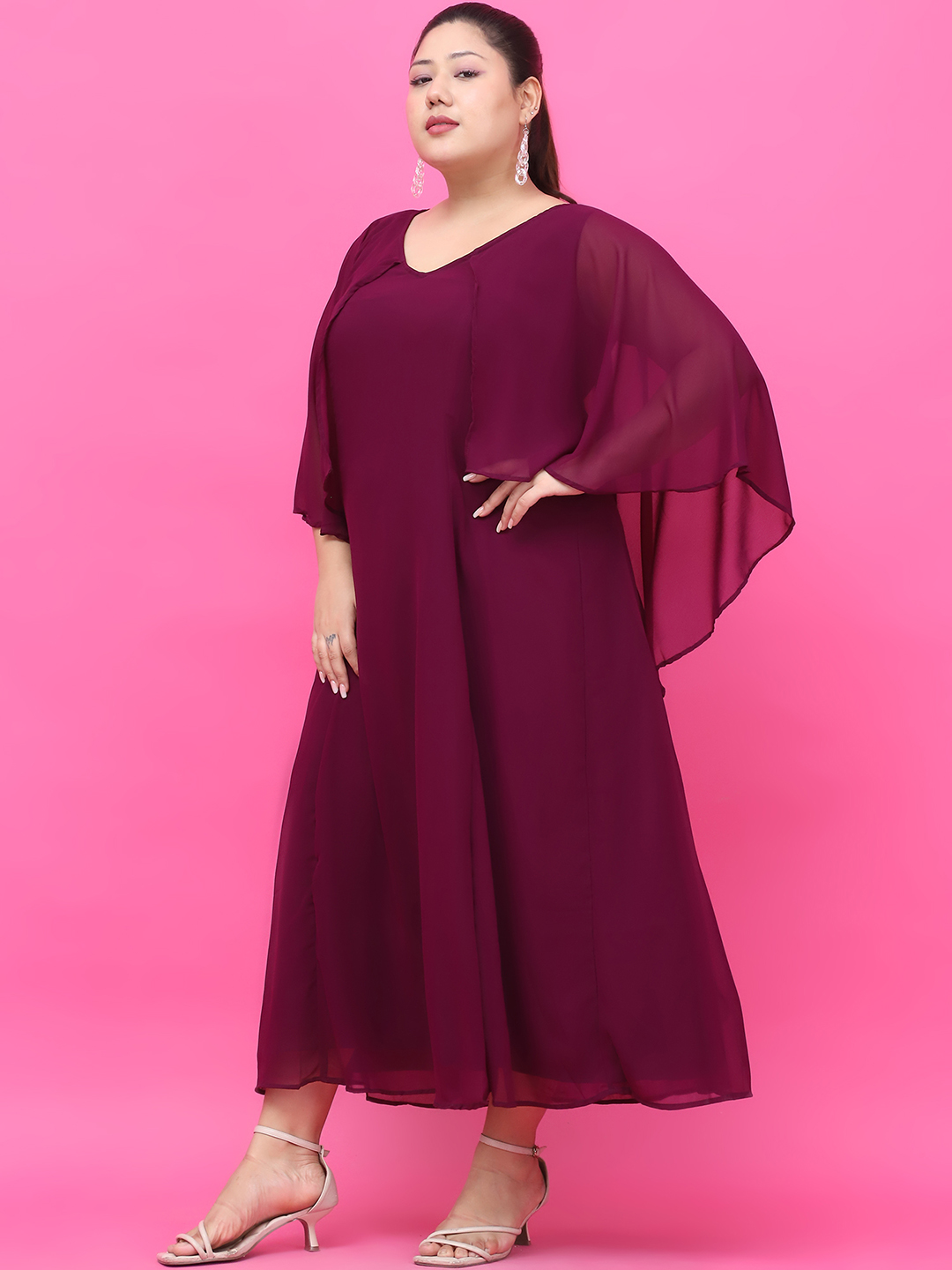 Women's Plus Size Plum Solid Color Maxi Dress With Attached solid color Cape