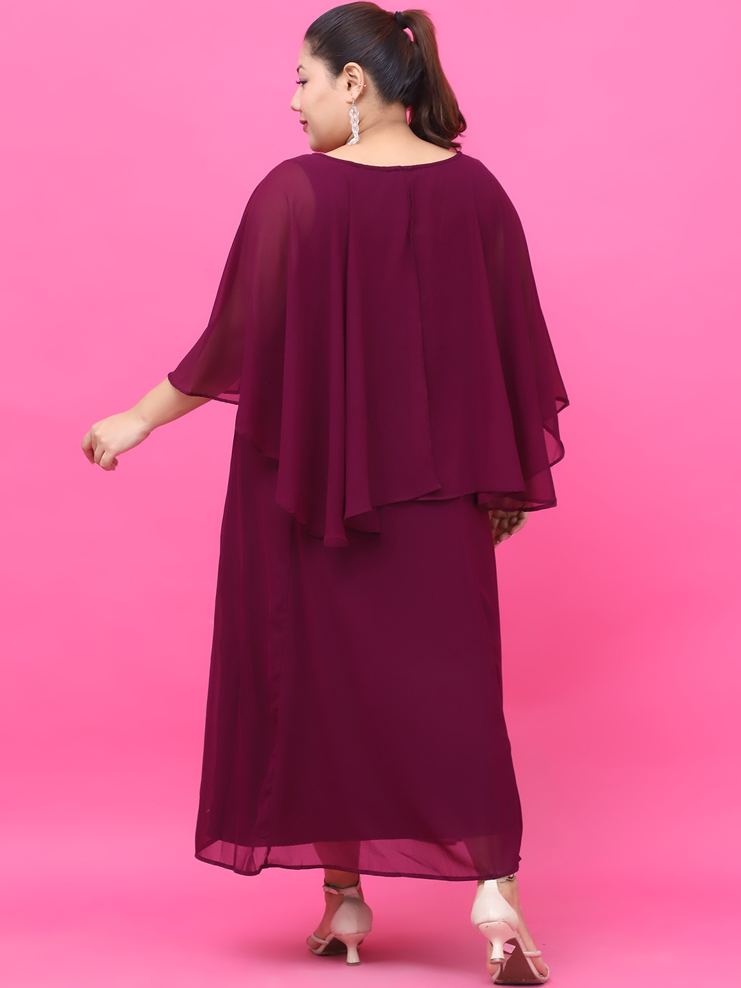 Women's Plus Size Plum Solid Color Maxi Dress With Attached solid color Cape