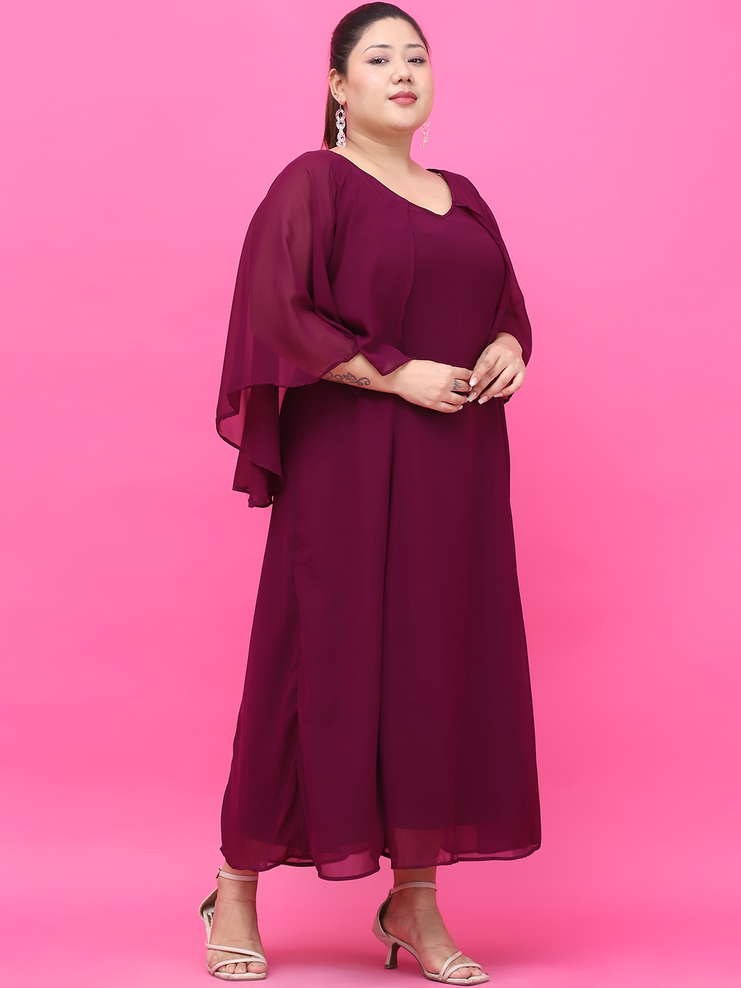 Women's Plus Size Plum Solid Color Maxi Dress With Attached solid color Cape