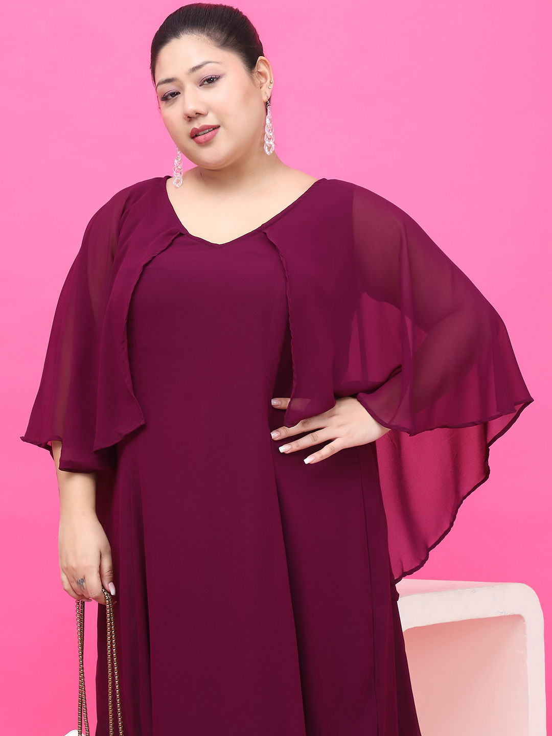 Women's Plus Size Plum Solid Color Maxi Dress With Attached solid color Cape