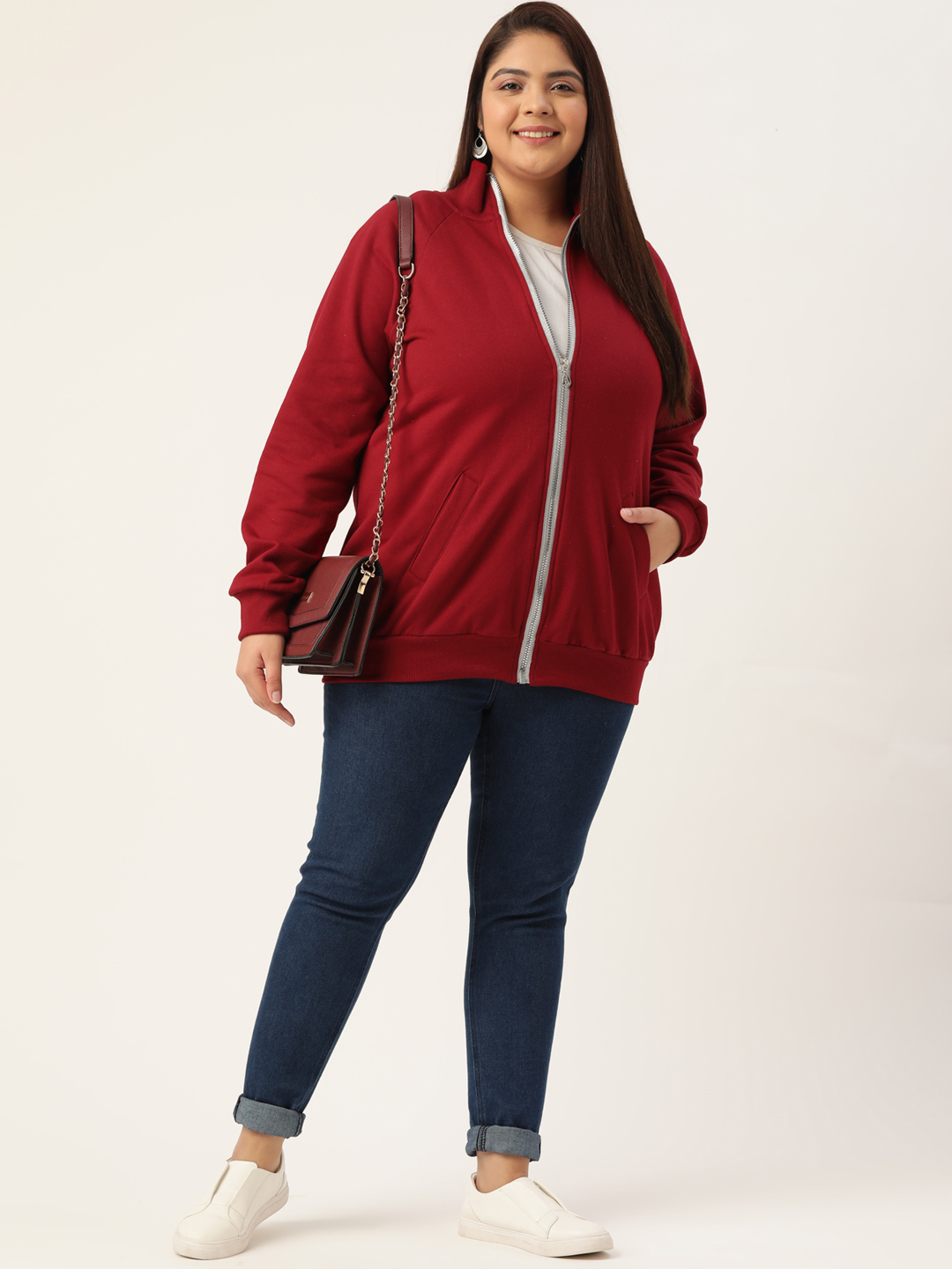 Women's Plus Size Maroon Solid Color Fleece Winter Jacket
