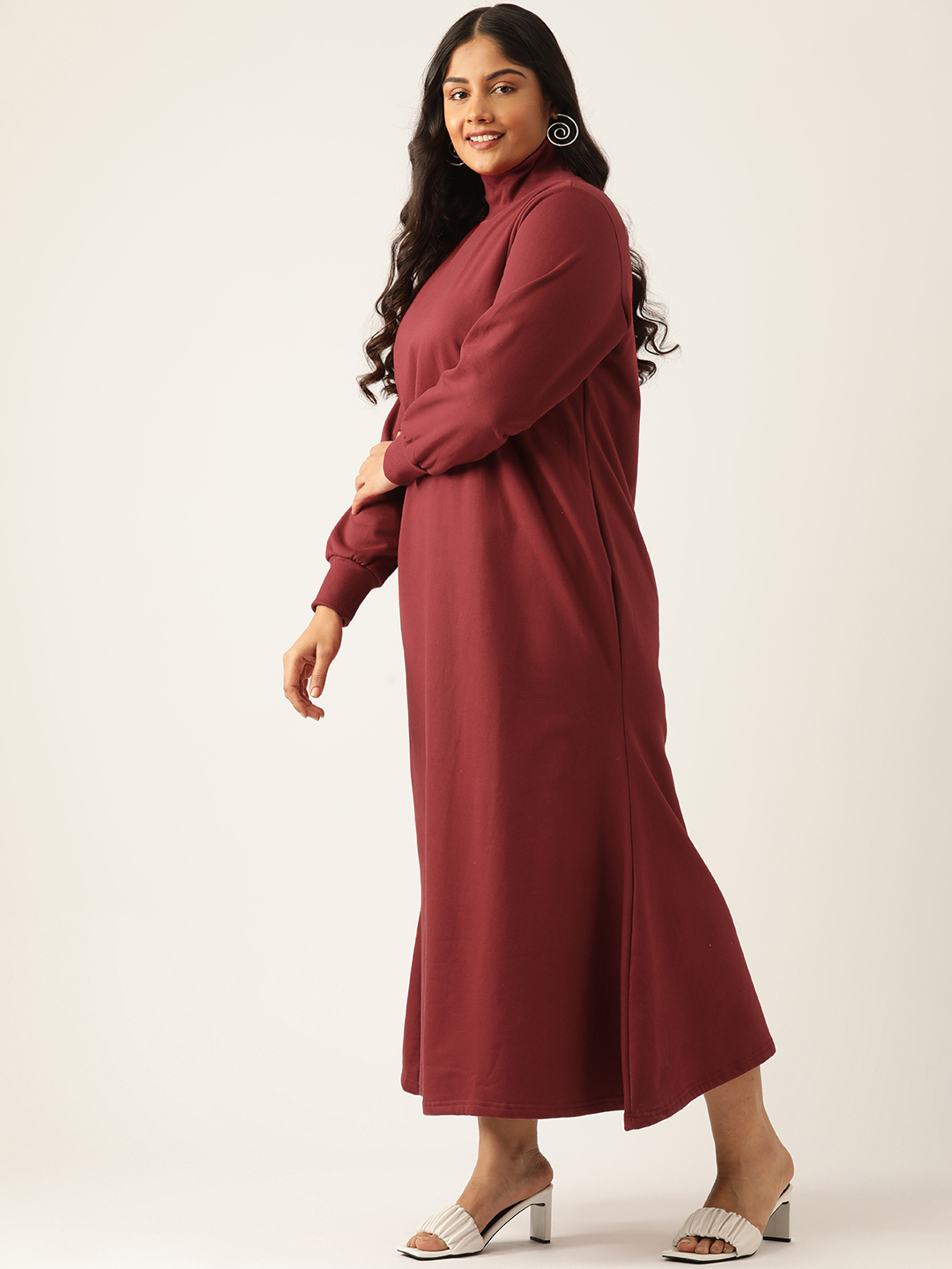 Women's Plus Size Maroon solid color knitted Fleece Maxi Dress