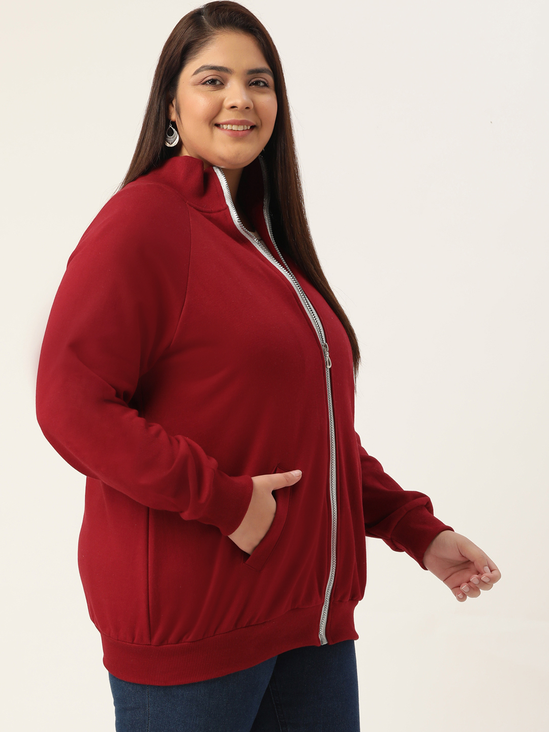 Women's Plus Size Maroon Solid Color Fleece Winter Jacket