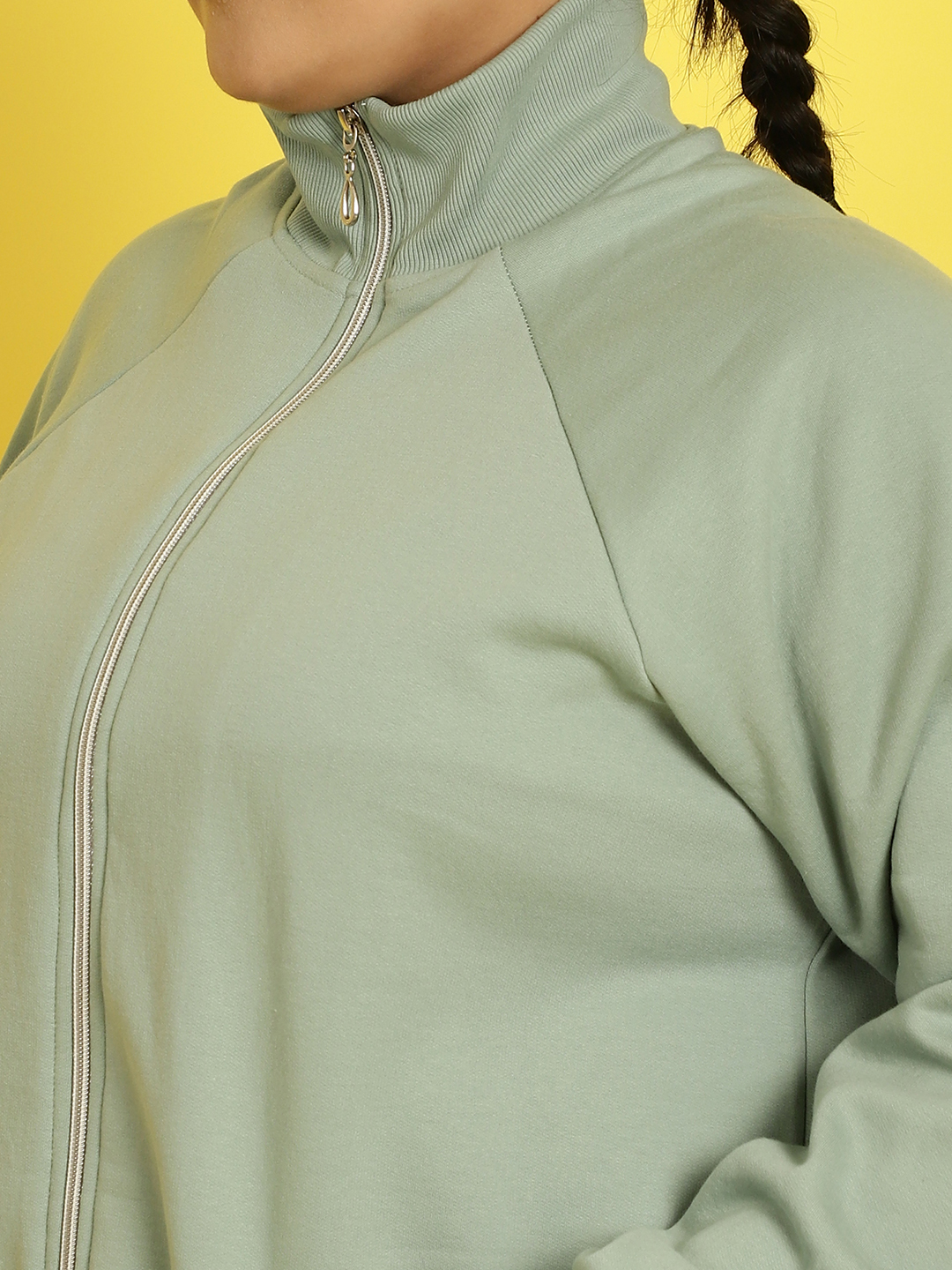 Women's Plus Size Light Green Solid Color Fleece Winter Jacket