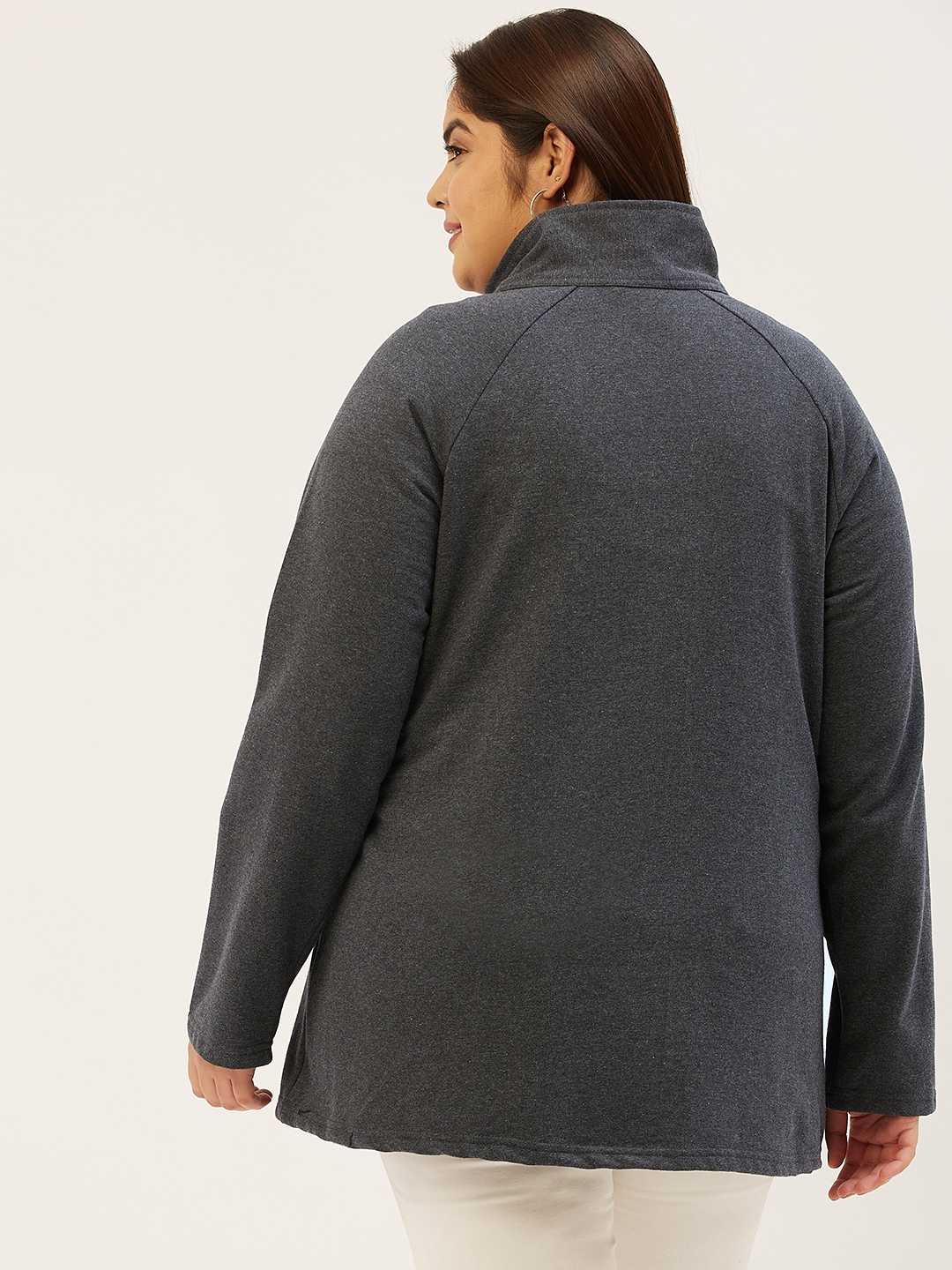 Women's Plus Size Charcoal Grey Solid Color Fleece Winter Tailored Jacket